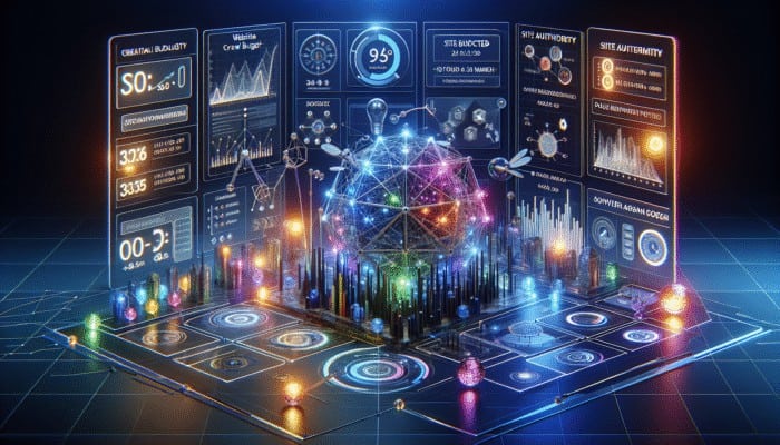 Optimise for Crawl Budget Efficiency: A futuristic SEO dashboard showing crawl budget metrics with graphs on site authority, page load speed, and server response time.