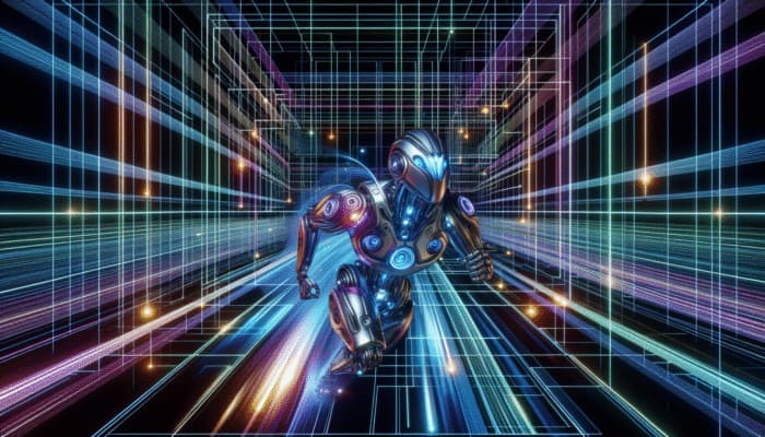 A futuristic robot navigating a grid of glowing URLs, symbolizing optimized SEO crawl budget with speed indicators.