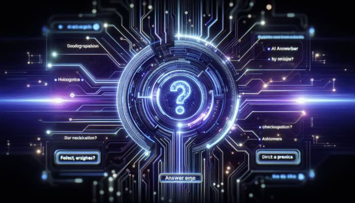 Create Content for AI Answer Engines: A futuristic AI answer engine interface with holographic text and diagrams on a glowing circuitry background.