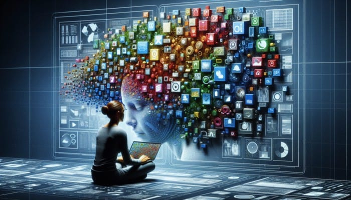 Build Links Through Content Curation: A person organizing a vibrant collage of articles, images, and videos on a digital board, symbolizing content curation.