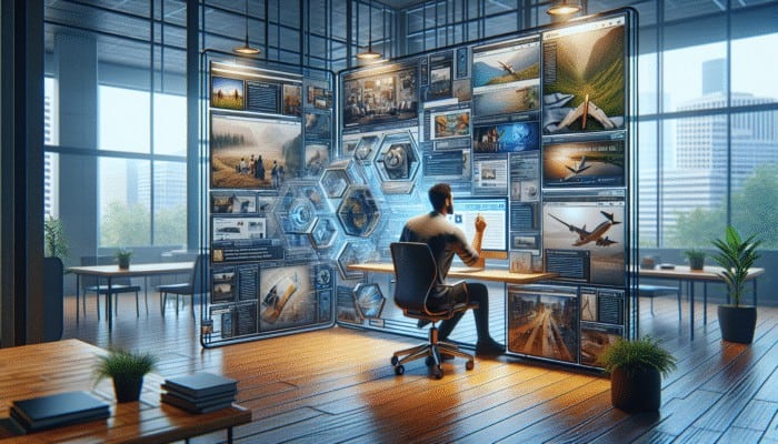 A digital marketing expert curates travel content in a modern office, boosting blog authority and backlinks.