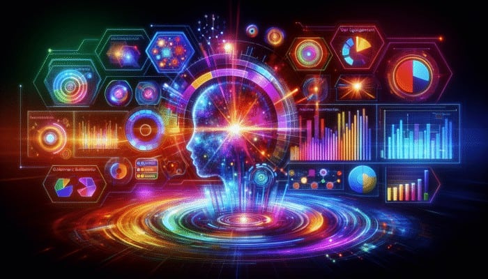 Use Voice Search Analytics For Strategy: A futuristic dashboard with voice search analytics, colorful graphs, and SEO enhancement metrics.