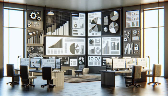 Digital workspace with Google Analytics, SEMrush, Ahrefs interfaces analyzing voice search data, showing graphs and user demographics.