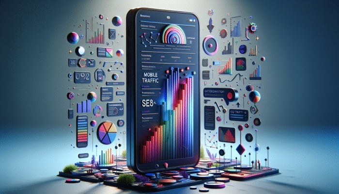 Optimise Title Tags for Mobile Search: A smartphone showing an optimized website with title tags, against graphs of mobile traffic and SEO performance.