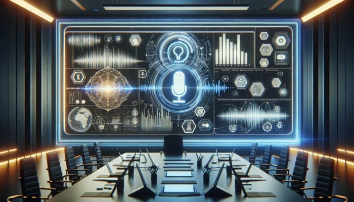 Track Voice Search Performance Metrics: A futuristic dashboard showing real-time voice search data and its impact on SEO in a modern office.