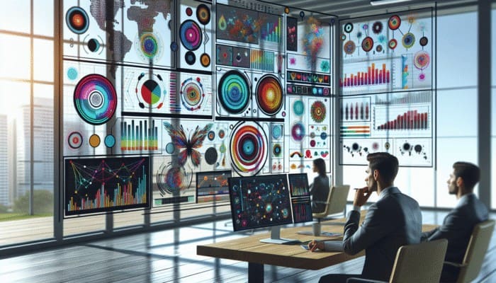 A digital dashboard showing voice search metrics with graphs, in a modern office, analyst studying data.