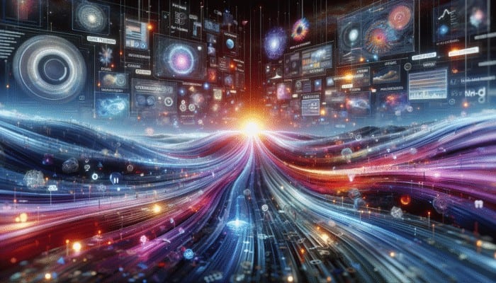 Leverage Data for Content Freshness Updates: A digital landscape with data streams flowing into an interactive content hub, surrounded by graphs and feedback symbols.