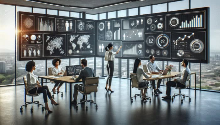 A team in a modern office analyzing data on screens, adjusting content strategies on a digital whiteboard.