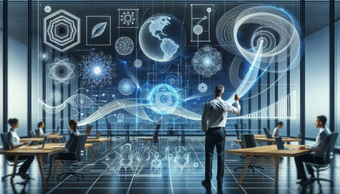 An expert analyzing data on a futuristic screen, mentoring a team in a modern office, enhancing content freshness.