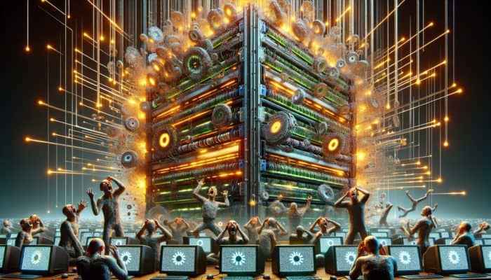 A server overwhelmed with outdated data, frustrated users seeing old information, emphasizing need for fresh caching.