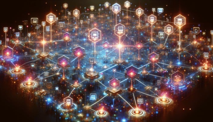 Use Content Partnerships for Mutual Backlinks: A digital network of glowing nodes, representing websites, driving targeted visitors to a central site, boosting visibility and engagement.