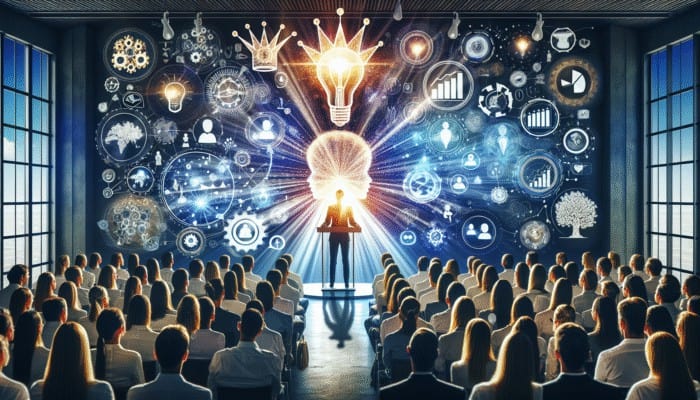 Create Thought Leadership Content for Backlinks: A person on a podium radiating light, surrounded by an engaged audience and icons of innovation, expertise, and influence.