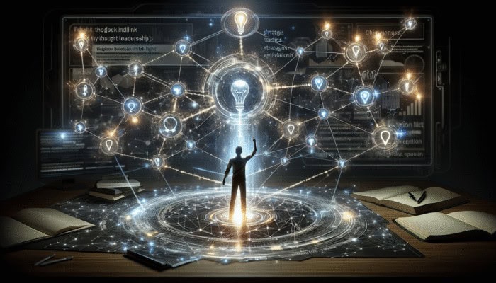 A person creating a glowing network of backlinks from thought leadership content in a futuristic digital workspace.