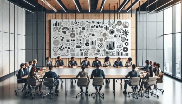 A diverse group of experts, leaders, and influencers brainstorming at a modern conference table with digital screens.
