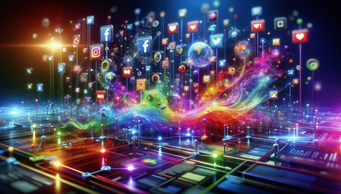 Use Social Media for Content Amplification: A network of glowing social media icons with content spreading in vibrant waves, symbolizing viral amplification.