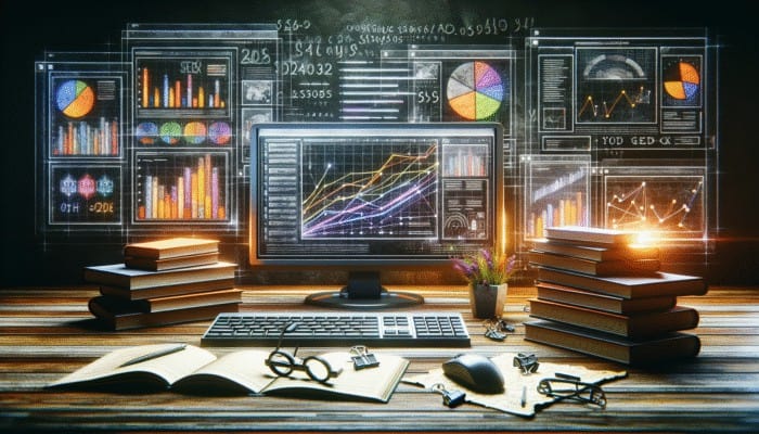 Use Competitor Backlink Analysis for Strategy: A digital workspace with screens showing backlink analysis graphs, SEO books, and notes.