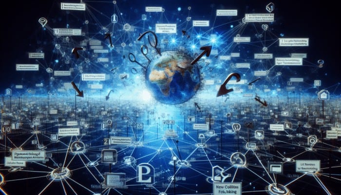 A digital landscape with interconnected nodes, arrows showing SEO performance and networking prospects.
