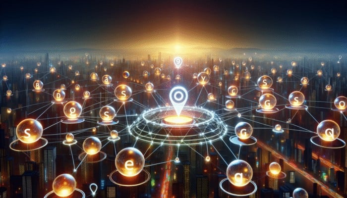 Use Local Keywords in Meta Descriptions: Glowing keywords in a digital landscape connecting to a search engine, enhancing SEO and website visibility on SERPs.