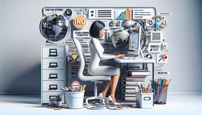 Person optimizing website on computer in modern office, focusing on local long-tail keywords and relevant meta descriptions.