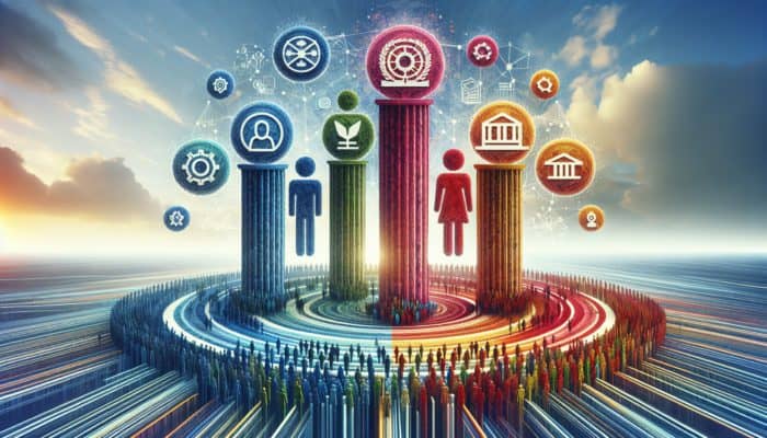 Build E-E-A-T Signals for SEO Success: A digital landscape with four pillars labeled Experience, Expertise, Authoritativeness, and Trustworthiness supporting an engaging web page.