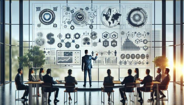 A person presenting a tech report with charts, graphs, and software metrics, experts discussing in background.