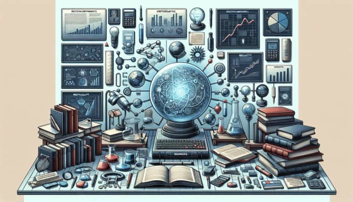 A research setup with hypothesis, books, and tools, showcasing rigorous qualitative and quantitative methodology for replicability.