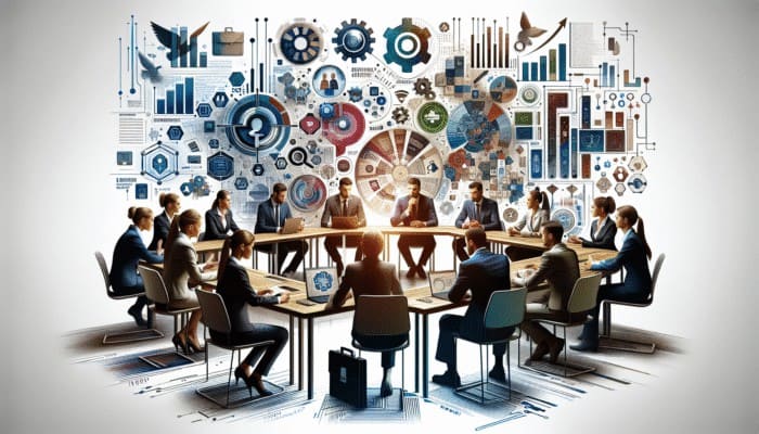 Leverage Expert Interviews for Authority: A diverse group of industry experts discussing, surrounded by symbols of trust and knowledge.