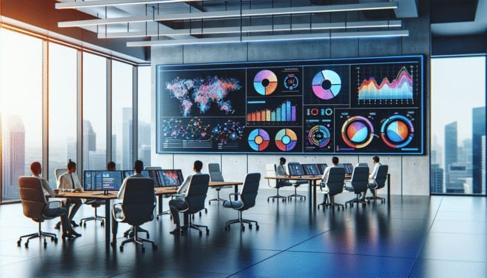 A digital dashboard showing SEO performance metrics with graphs and charts in a modern office setting.