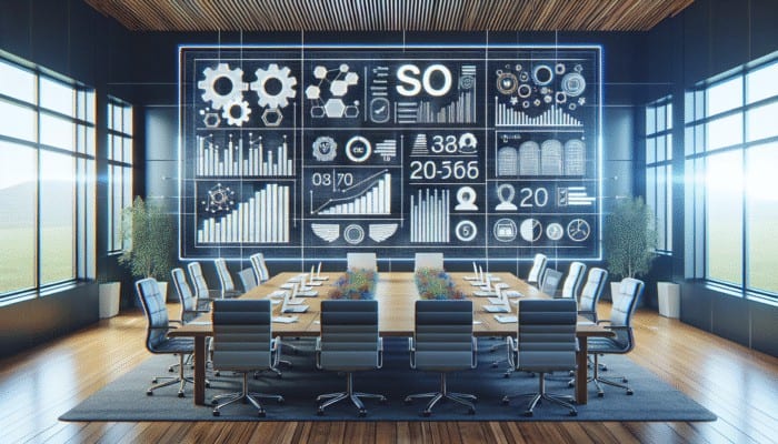 Digital dashboard showing SEO metrics and trends using Google Data Studio in a modern office.