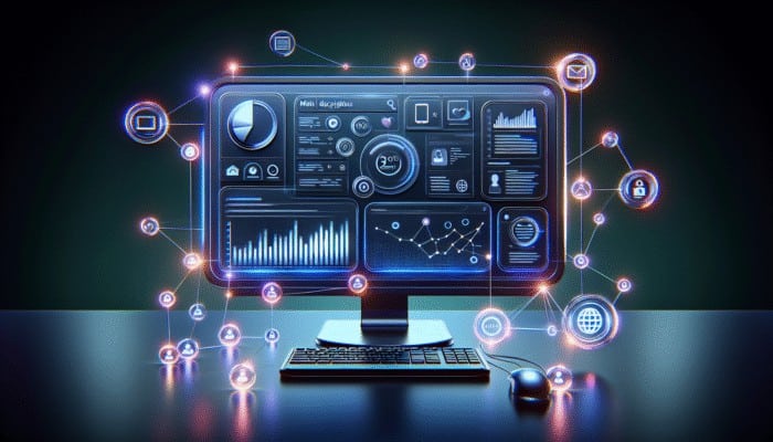 On-Page SEO in Cheddar for Small Business: A computer screen showing an SEO dashboard with graphs, surrounded by icons of SEO elements connected by glowing lines.