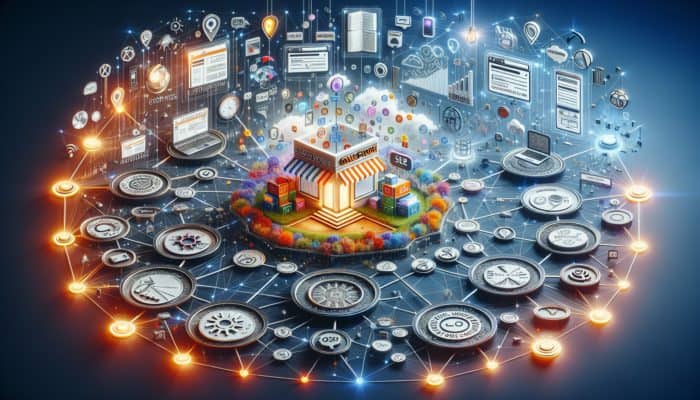 E-commerce SEO in Wincanton for Small Business: An online store surrounded by SEO elements like keywords and mobile devices, connected by glowing links driving traffic and sales.