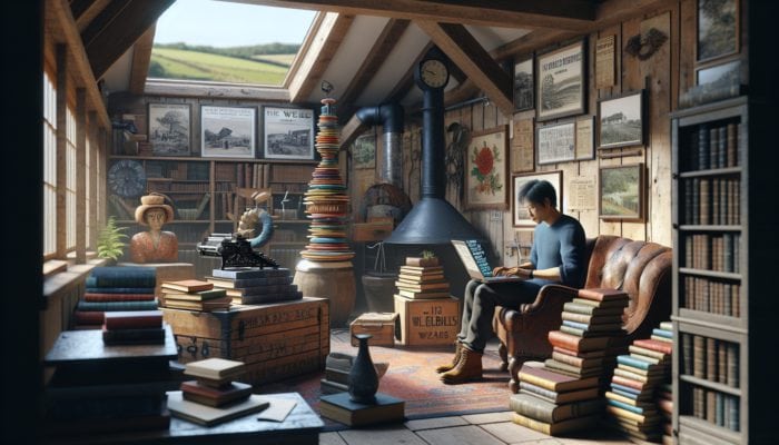 Blog Writing in Wells for Small Business: A writer in a cozy Wells study, crafting blog posts on a vintage laptop amidst local history books and cultural artifacts.