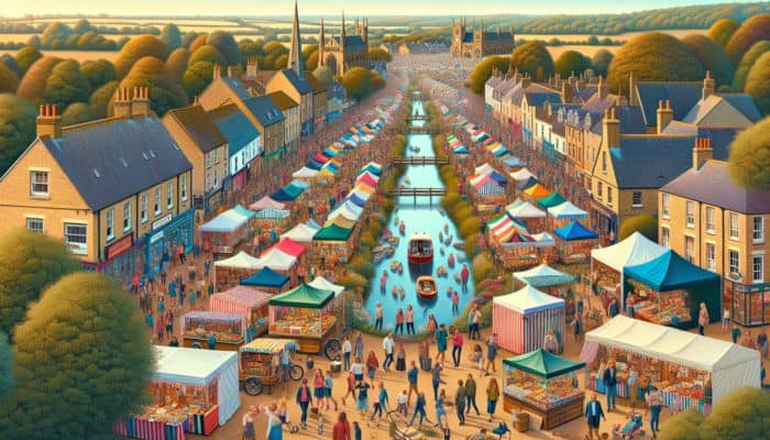 A vibrant local festival in Wells, showcasing community engagement with colorful booths, families, and scenic historical landmarks.