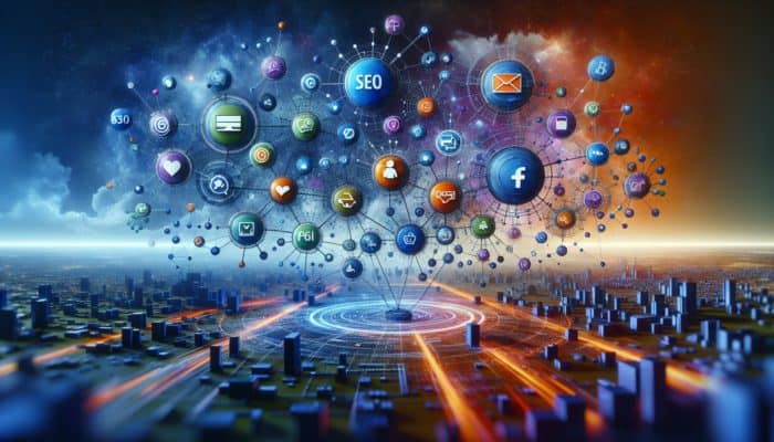 Internet Marketing in Crewkerne for Small Business: A digital landscape illustrating various internet marketing channels like SEO, content, and social media marketing.