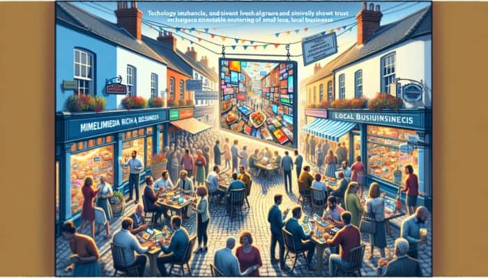 A vibrant Exmouth street scene with locals engaging with multimedia-rich content on devices, enhancing trust in small businesses.