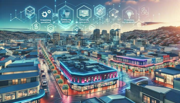 A vibrant Wellington cityscape with small shops, bustling streets, and expert panels on e-commerce for small enterprises.