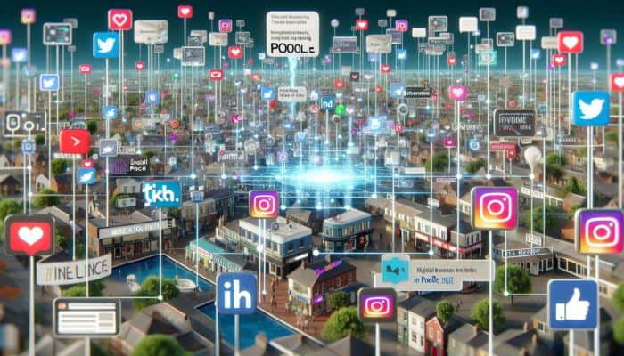Social Media Strategy in Poole for Small Business: A vibrant digital scene showing social media platforms connecting users and boosting Poole's small businesses.