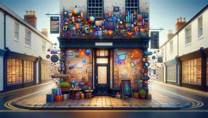 E-commerce SEO in Totnes for Small Business: A vibrant online store interface with SEO elements, set in a quaint Totnes shopfront, symbolizing increased digital visibility and sales.