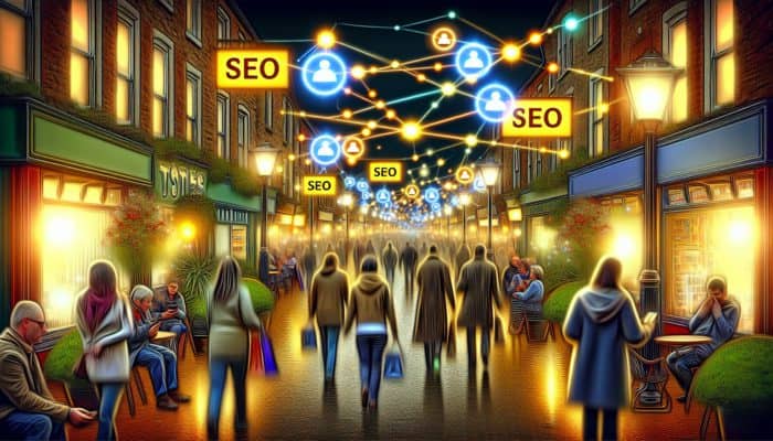 A bustling market street in Totnes with small businesses and shoppers using smartphones for e-commerce.