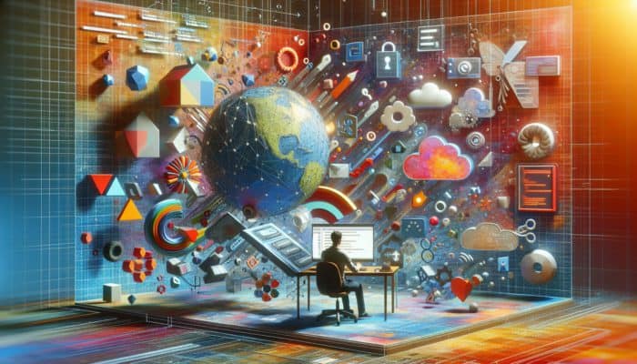 Web Development in Wareham for Small Business: A digital workspace with screens showing code, design, and security, a small business owner using a laptop.