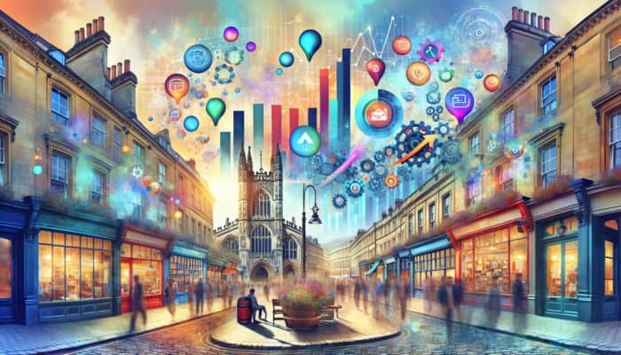 A café in Bath using social media and a retail shop enhancing SEO, with analytics and growth charts.