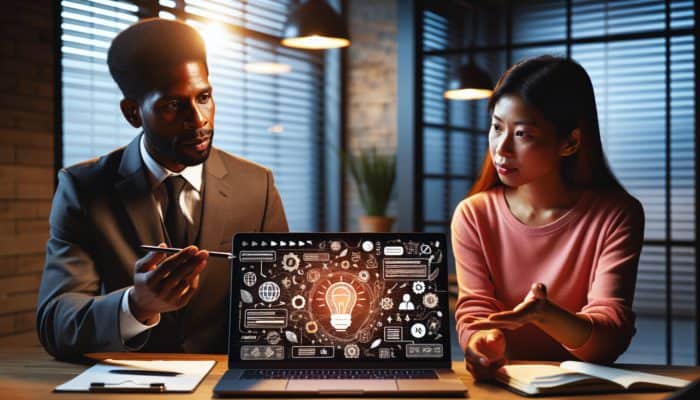 A small business owner in Holsworthy receiving expert website redesign guidance in a cozy office.