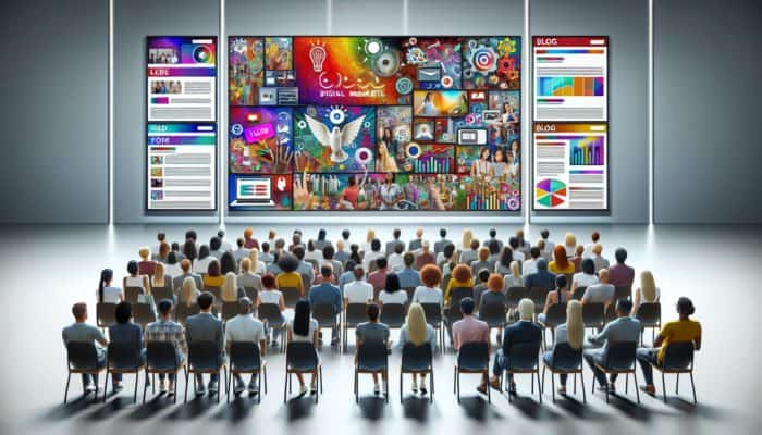 A vibrant digital marketing scene in Melksham with engaging local content on screens, attracting an interested audience.