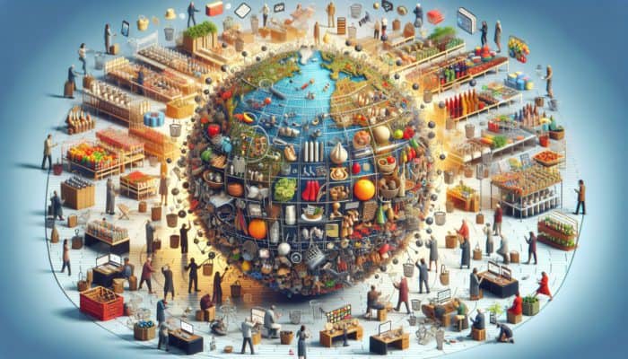 E-commerce Marketing in Sidmouth for Small Business: A vibrant online marketplace with Sidmouth products, customers engaging globally via devices, boosting brand visibility.