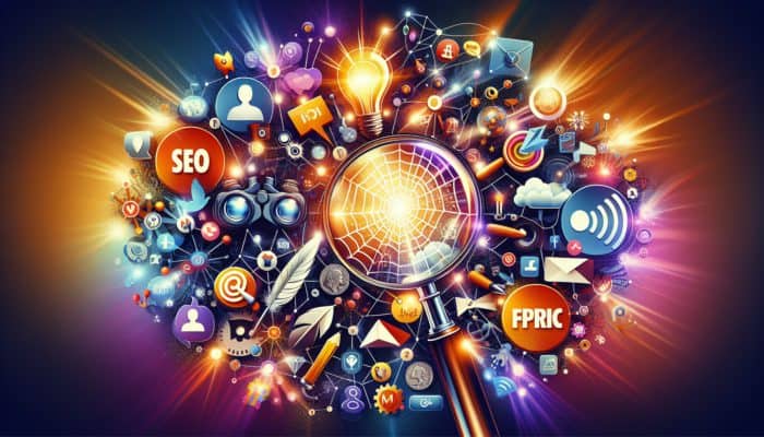 Internet Marketing in Blandford Forum for Small Business: A vibrant digital collage of interconnected internet marketing strategies including SEO, content, social media, email, PPC, affiliate, influencer marketing, and online PR.