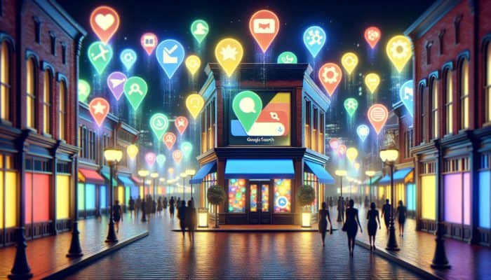 Local Seo In Taunton For Small Business: A busy city street with storefronts showing Google My Business profiles, local search keywords, and review bubbles.