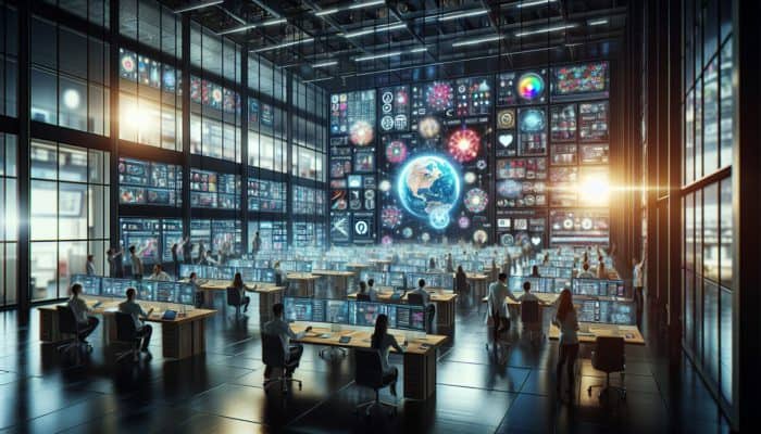 Social Media Management in Bideford for Small Business: A digital command center with screens showing social media platforms, team strategizing and engaging globally.