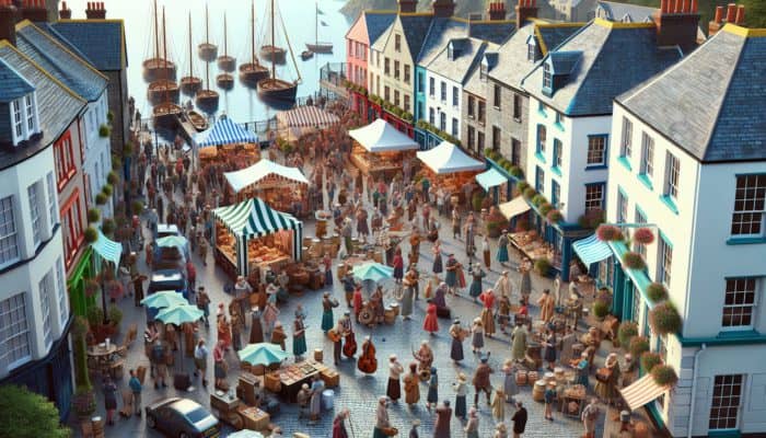 Bideford quay at Folk Festival, showcasing artisan markets and community engagement at a local café.