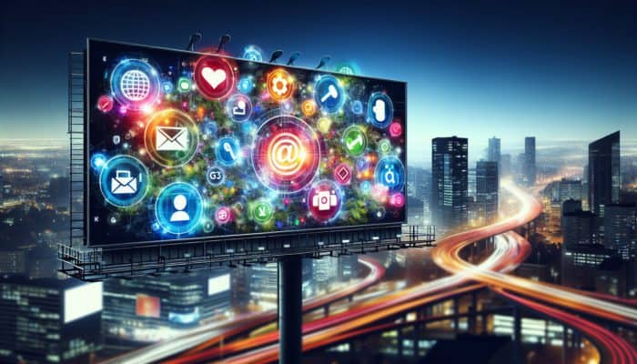 Digital Advertising in Dorchester for Small Business: A modern digital billboard with social media icons, search engine logos, and email symbols against a bustling cityscape.