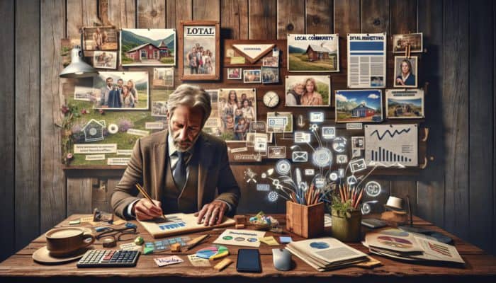 Content Creation in Corsham for Small Business: A small business owner in Corsham creating blog posts and social media content at a rustic desk, surrounded by community photos and digital marketing tools.